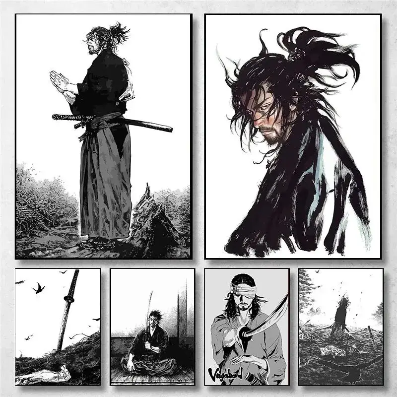 Photography Anime - ヴィンテージ日本のアニメウォールアート三毛利武蔵放浪武士ポスターキャンバス絵画完璧な家の装飾マンガ用