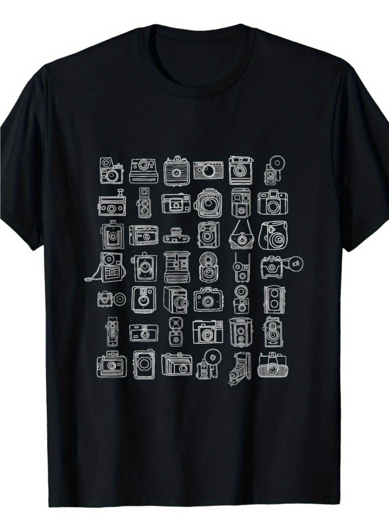 Photography Graphic Design - カメラデザインが特徴のメンズグラフィックTシャツ - ブラックに白いカメラモチーフ - 軽量で通気性のある素材で作られており、写真撮影、ビデオ撮影、ハイキングに適しています。