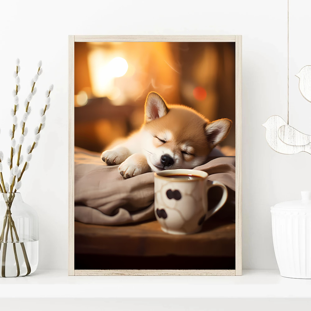 Photography Interest - 2026年版愛らしいペット犬の寝ぼけ顔コーヒーアート写真ポスターキャンバス印刷コーヒーショップの壁装飾絵画