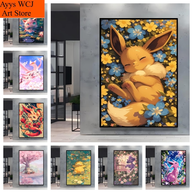 Photography Anime - 1pc フレームレスキャンバス絵画日本の古典的なアニメポケモンイーブイポスタープリントかわいい漫画のキャラクターキャンバス絵画リビング