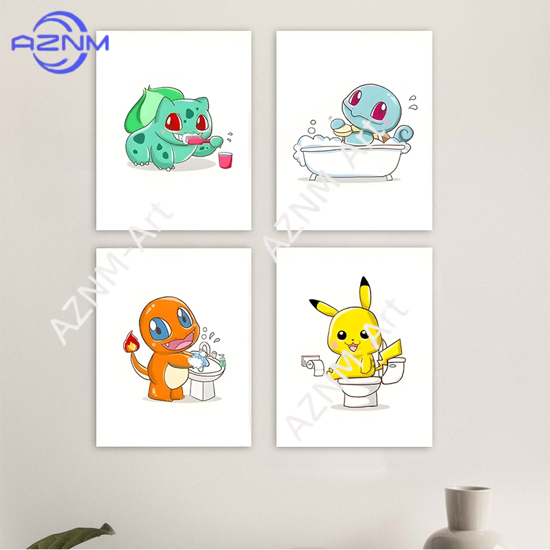 Photography Anime - ポケモン漫画面白いキャンバス絵画ピカチュウフシギダネアニメポスター壁画写真壁アート浴室美的装飾 Cuadros